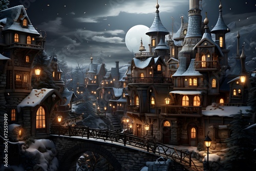 Fairy tale scene with old wooden houses at night with full moon