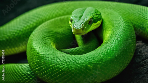 a green snake is curled up on a rock and looking at the camera with a black background