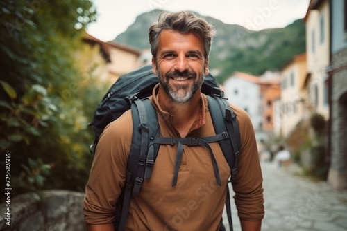 Portrait of a handsome mature man with backpack in the old town