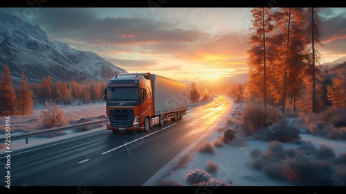 a truck drives down the road at sunset. Generative AI photo
