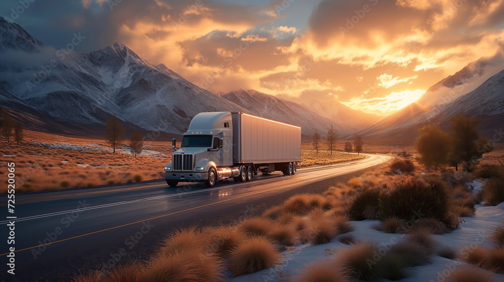 a truck drives down the road at sunset. Generative AI a truck drives down the road at sunset. Generative AI