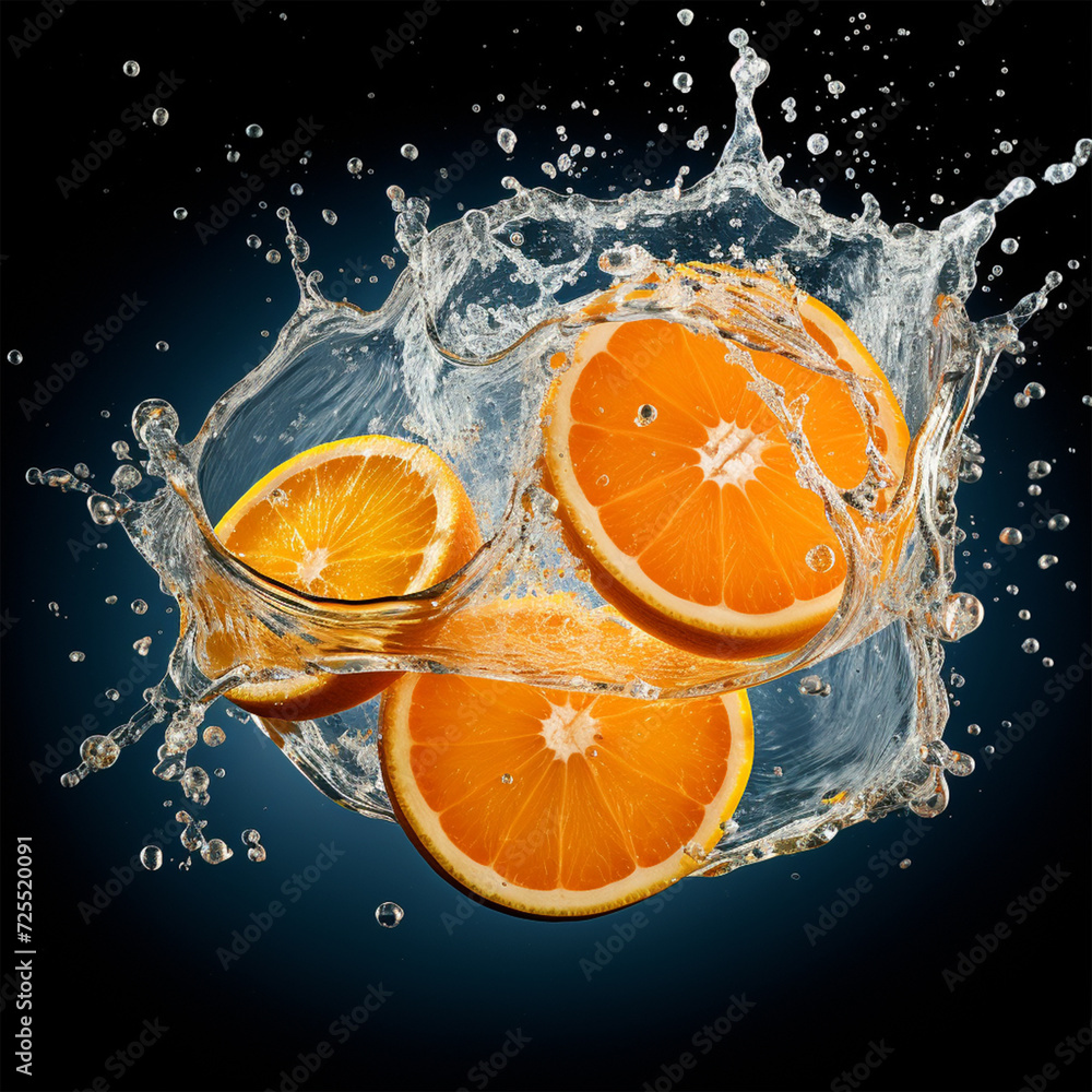 Orange slices in water splash on isolated background - ai generative Orange slices in water splash on isolated background - ai generative