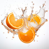 Orange slices in water splash on isolated background - ai generative