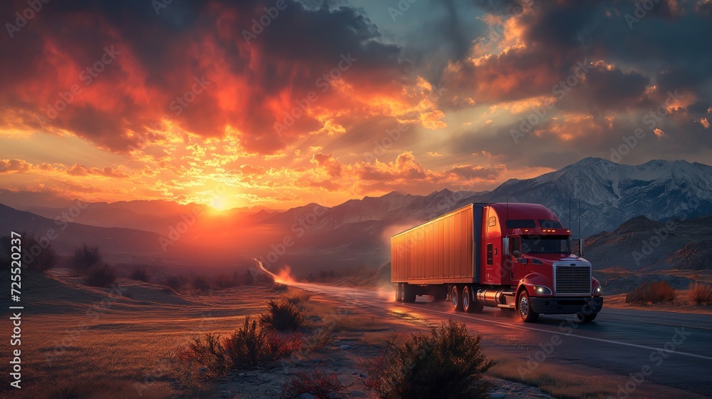 a truck drives down the road at sunset. Generative AI a truck drives down the road at sunset. Generative AI