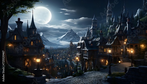 Fairy tale village at night with full moon. 3d rendering