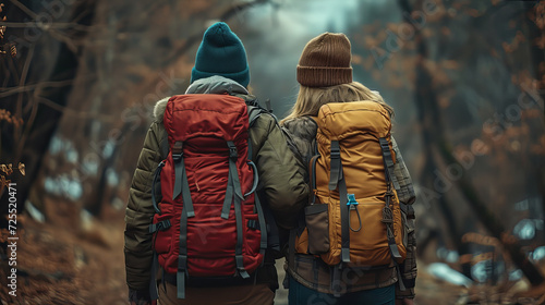 Hiking Duo on a Forest Adventure, Two hikers with backpacks walk side by side, exploring a misty forest trail, embodying companionship and the spirit of adventure