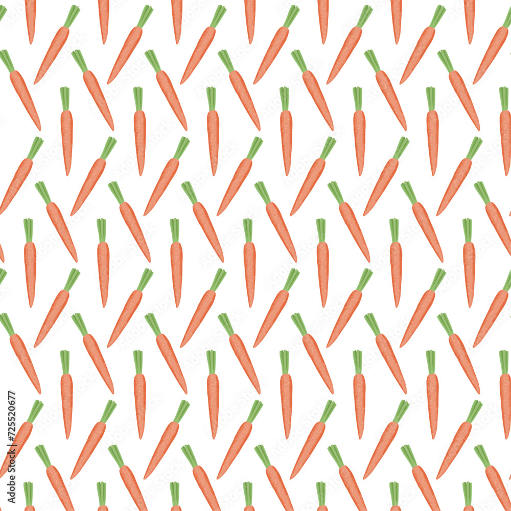 Seamless pattern with root vegetables for packaging and wrapping paper. Orange long carrot with green leaves on a white background. Ornament for kitchen and fabric. Vector cartoon illustration.