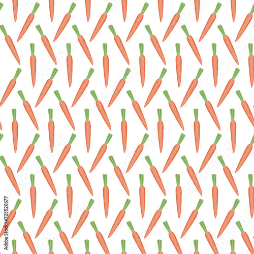 Seamless pattern with root vegetables for packaging and wrapping paper. Orange long carrot with green leaves on a white background. Ornament for kitchen and fabric. Vector cartoon illustration.