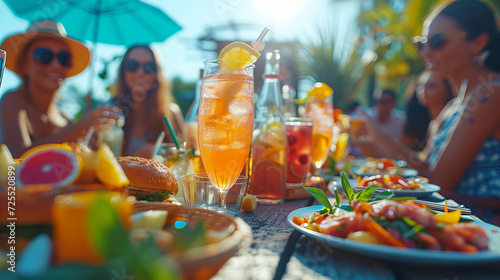 Enjoying pool party with friends, diverse bunch of friends having a blast at a poolside gathering. They're laughing, sipping on drinks, and snapping selfies in the yard, vacation holidays relaxing