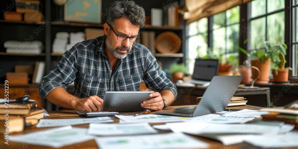 Fototapeta premium Man Working at Table With Tablet