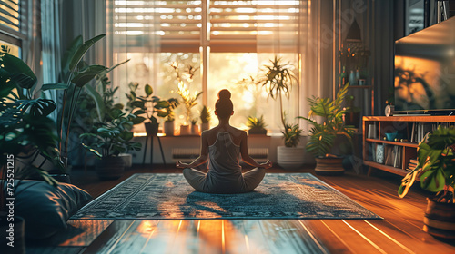 Serene Yoga Session at Sunset, person engaging in a tranquil yoga practice in a warm, plant-filled room as daylight fades photo