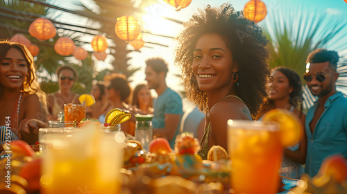 Enjoying pool party with friends, diverse bunch of friends having a blast at a poolside gathering. They're laughing, sipping on drinks, and snapping selfies in the yard, vacation holidays relaxing