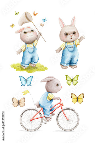 Set with various bright three animals bunny rabbits in clothes isolated on white background. Watercolor hand drawn illustration sketch