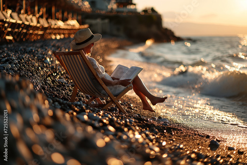 Fotografie, Obraz A mature woman sits on a sun lounger by the sea and reads a book