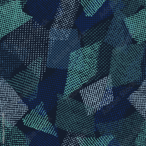 Seamless blue camouflage pattern with random scattered overlapping tulle pieces, patches. Mesh structure. Random composition. For apparel, fabric, textile, sport goods Grunge texture. Not AI