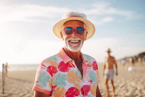Portrait of happy senior man in hat and sunglasses on the beach