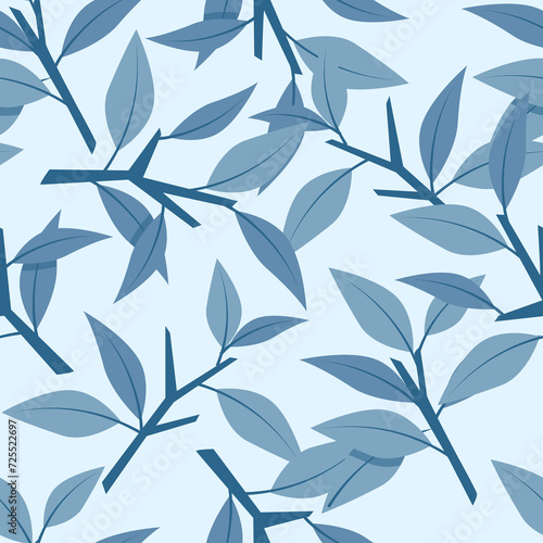 Seamless retro pattern of blue leaves with branches © Yevheniia