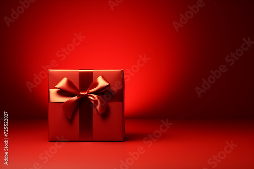 A gift on a red background. Copy space.