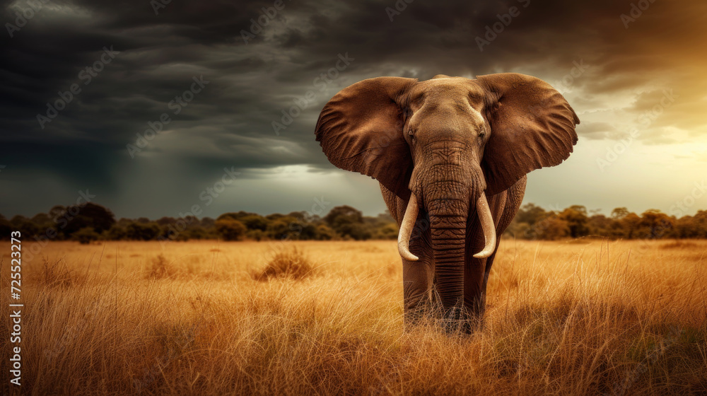 Obraz premium Big elephant in savannah, stormy dramatic sky, yellow sunset light