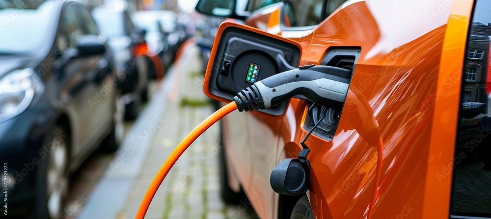 Charging electric car at station in city, infrastructure for ev vehicle with copy space