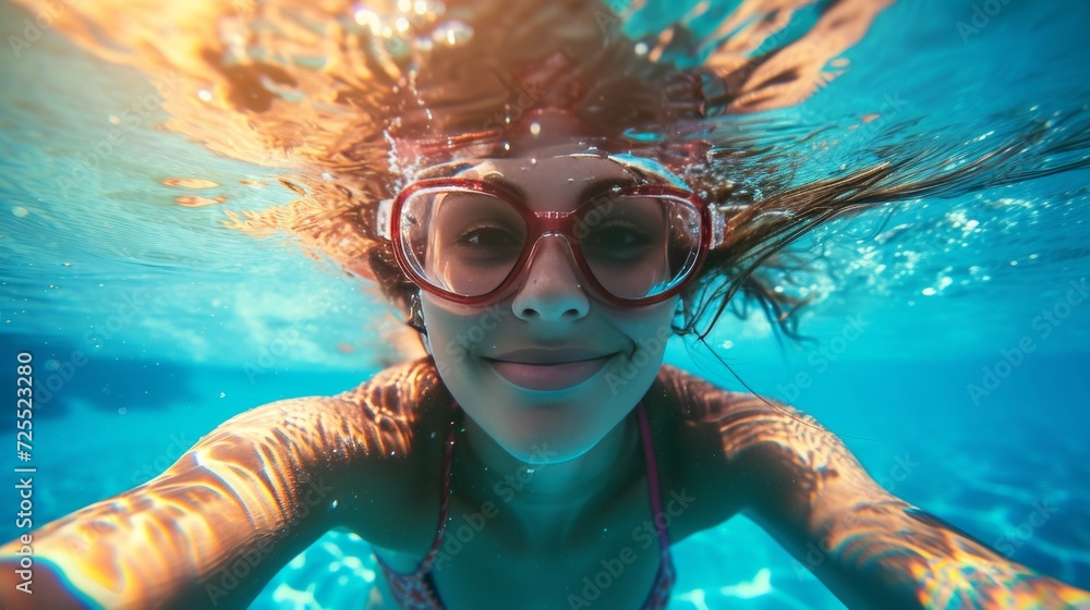 Image of an underwater selfie with a waterproof camera, capturing the joy of swimming on a summer day. Image of an underwater selfie with a waterproof camera, capturing the joy of swimming on a summer day.