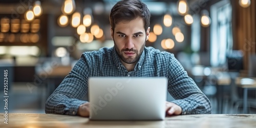 Man Sitting in Front of Laptop Computer, Working on a Project