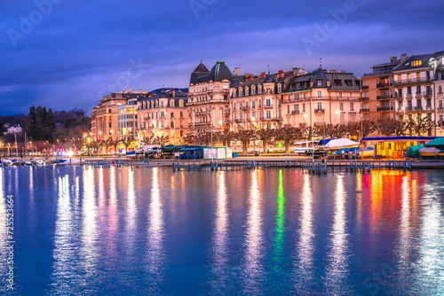 City of Geneva Lac Leman waterfront evening view