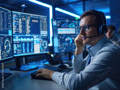 Professional IT Technical Support Specialist and Software Developer Working on Computer in Monitoring Control Room with Digital Screens, Employee Wears Headphones with Mic and Talking on a Call.