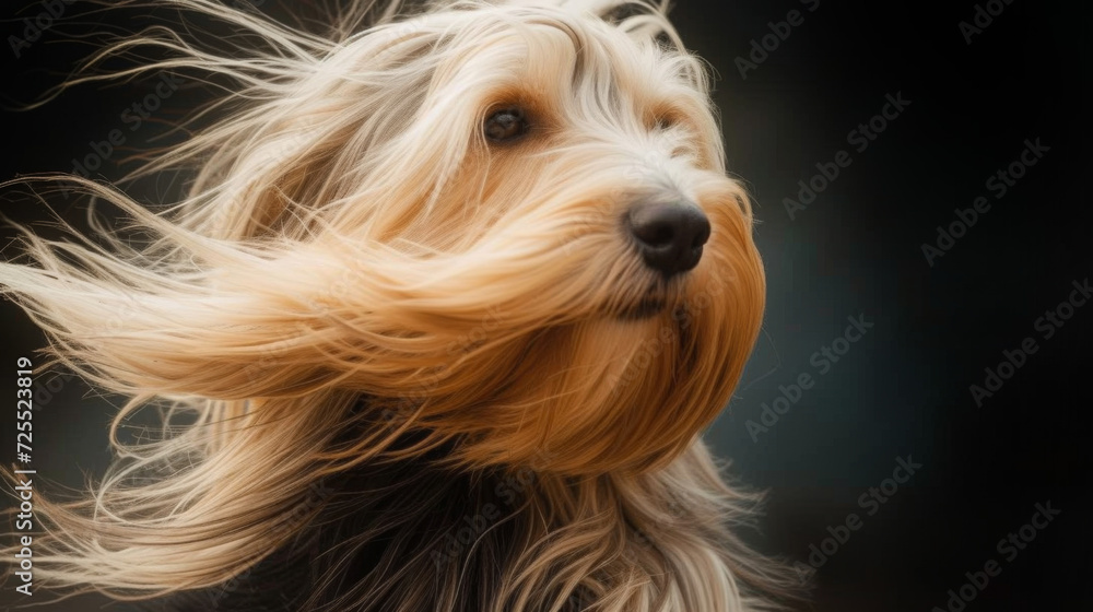 A dog with long hair blowing in the wind in style of fashion editorial. Dog coat on dark background. A dog with long hair blowing in the wind in style of fashion editorial. Dog coat on dark background.