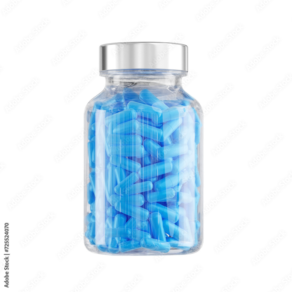 Pharmacy jar capsules isolated package, pack, plastic bottle, blue