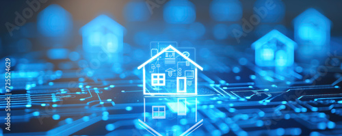 Miniature of a house on the blue abstract futuristic background. Intelligent, smart home concept.