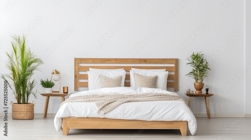 Scandinavian style interior design of modern bedroom. Wood bed with white bedding and bedside cabinets