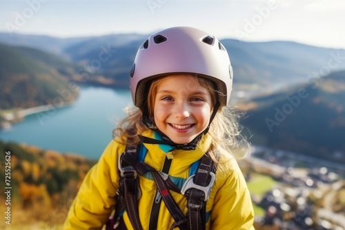Portrait of a cute little girl in helmet on top of a mountain