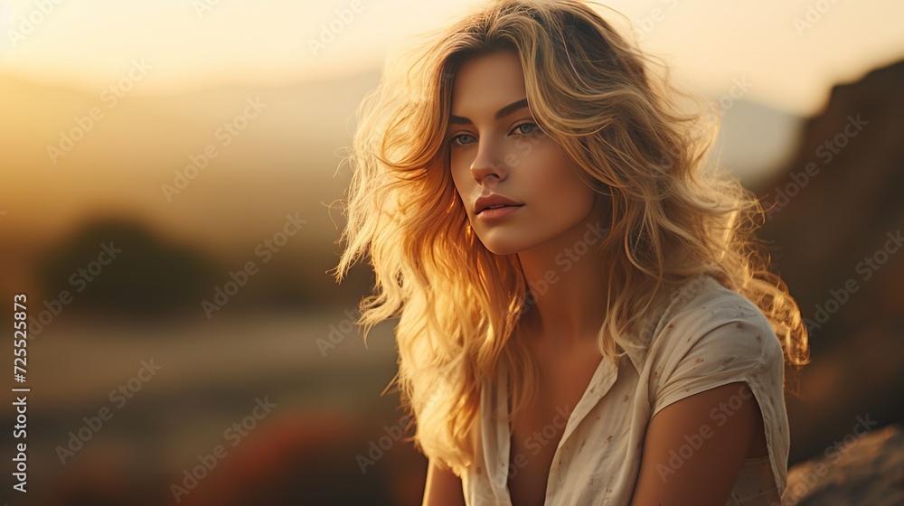 Evoking a sense of tranquility, a gorgeous young woman with radiant blond hair gazes pensively at the outdoor scenery