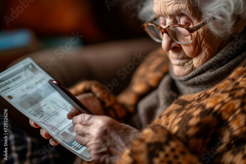 An elderly person carefully entering payment details on a mobile phone, with glasses on and a bill in front of them