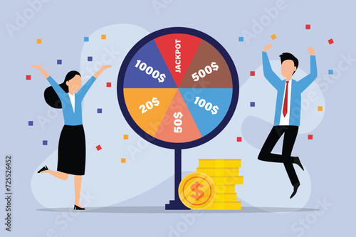 Lucky people winning prize draw standing near fortune wheel 2d vector illustration