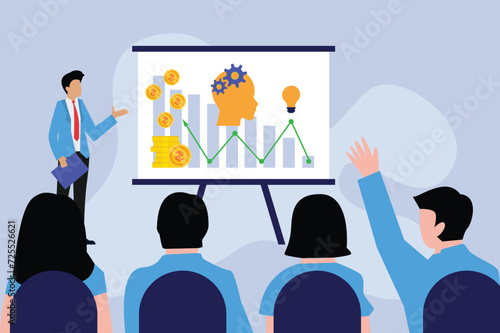 Financial charts and reports on board. Business trainin2d vector illustration