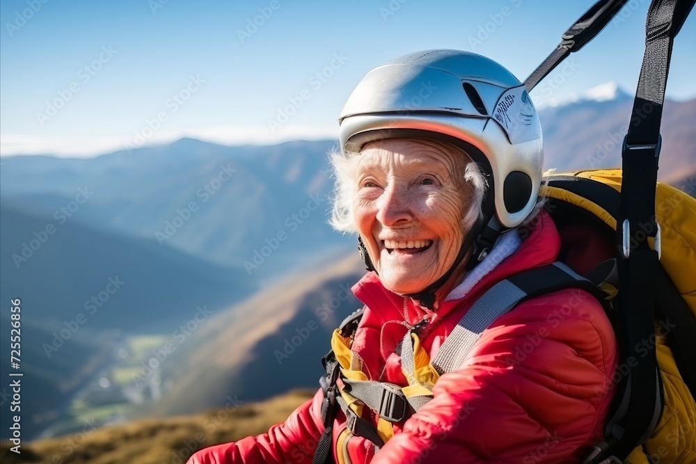 Portrait of senior woman with mountain bike helmet on top of mountain Portrait of senior woman with mountain bike helmet on top of mountain