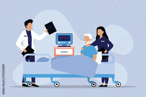 Senior Male Patient resting in Hospital Bed. Doctor and Nurse visiting a Older Person 2d vector illustration