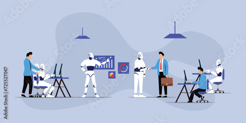 Robot Office Workers. People and Humanoids working together ifor profit 2d vector illustration photo