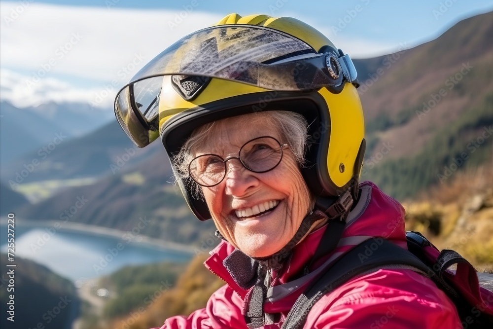 Portrait of smiling senior woman in helmet and glasses with mountain view Portrait of smiling senior woman in helmet and glasses with mountain view