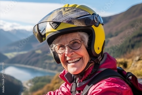 Portrait of smiling senior woman in helmet and glasses with mountain view