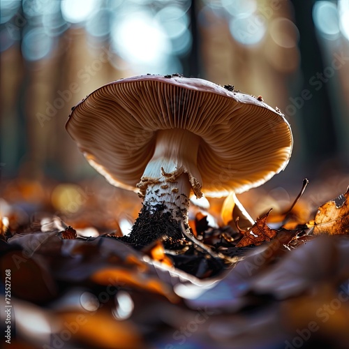 Poison mushroom with green moss and dry brown needles in autumnn forest photo