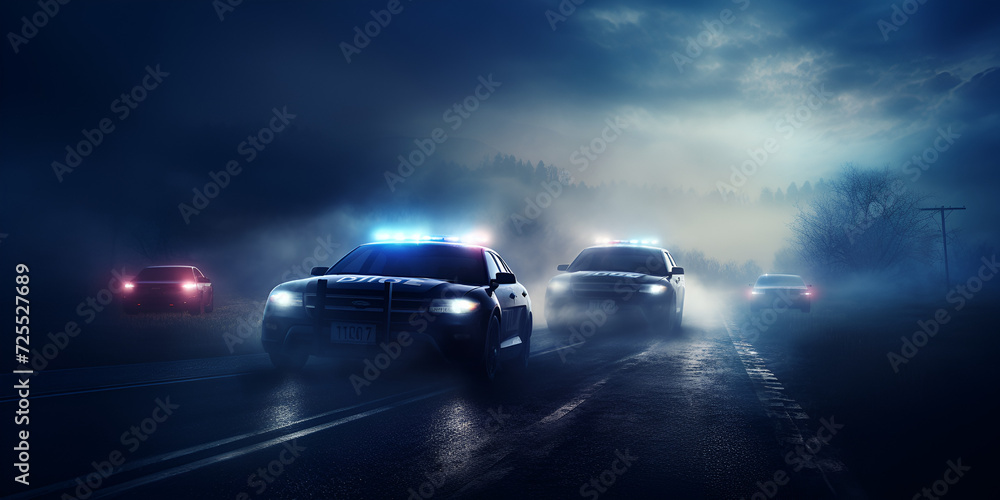 Traffic Patrol Car In Pursuit, Driving Fast with Sirens Blazing through the City Streets. Black Car is on the runway with the words good dark weather
