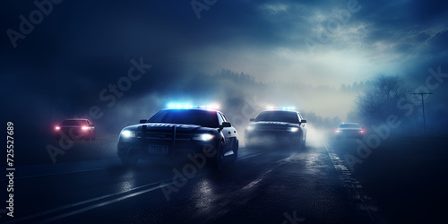 Traffic Patrol Car In Pursuit  Driving Fast with Sirens Blazing through the City Streets. Black Car is on the runway with the words good dark weather 