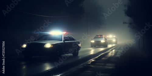 Police cars driving at night chasing a car in fog, Police cars drive through the fog