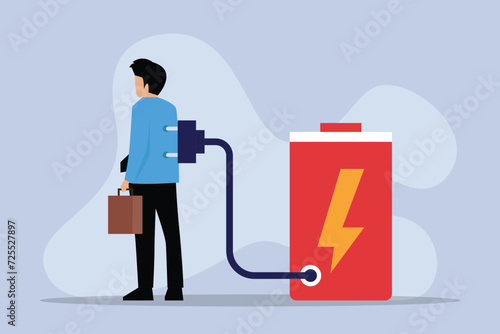 Businessman with low level energy - Low battery man with electrical plug 2d vector illustration