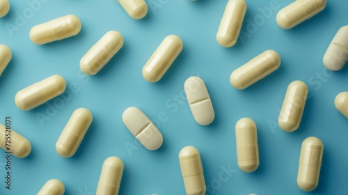 Closeup yellow medical pills and capsules on a blue background. Medicine for treatment. Pharmaceuticals