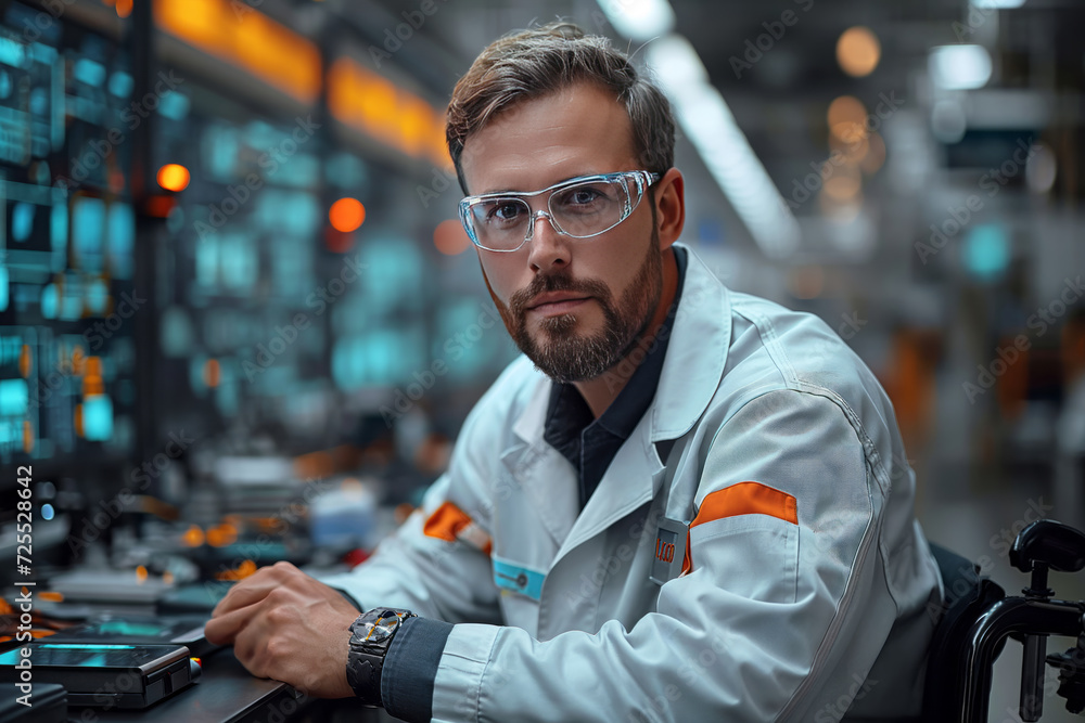 A male engineer sits in a wheelchair, works at a computer in production A male engineer sits in a wheelchair, works at a computer in production