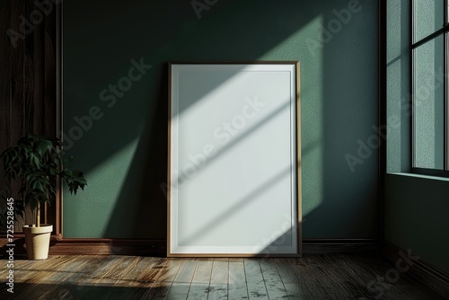 An empty poster frame mockup on a wooden floor against a green wall. Modern minimalist room with a house plant and window. © Tetyana